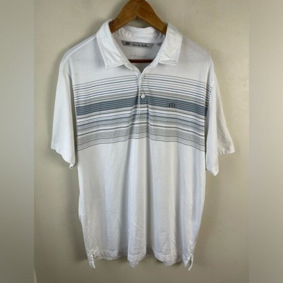 Travis Mathew Polo Shirt Mens Large White Lightweight Golf Casual Flex Striped - Picture 1 of 11